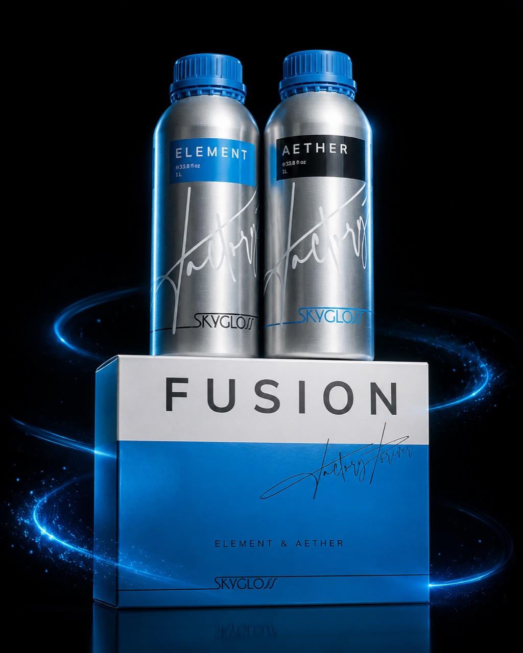 Skygloss Element and Aether bottles on the Fusion system box